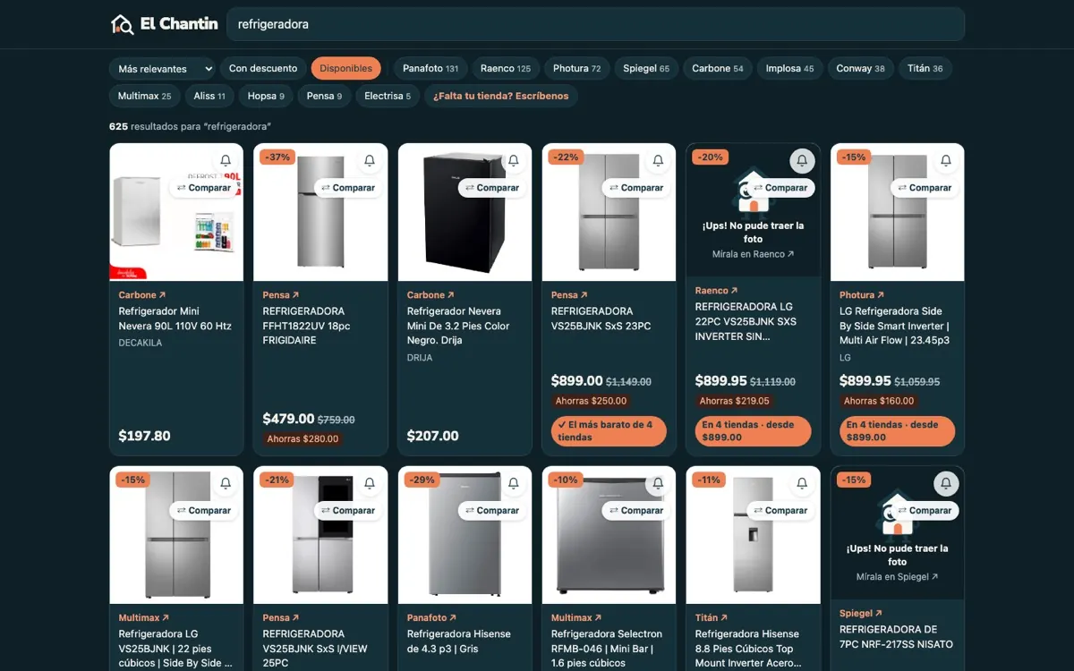 Búsqueda de refrigeradoras en El Chantin, con resultados de varias tiendas de Panamá